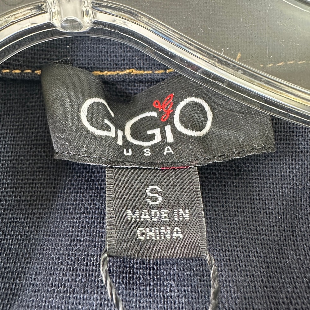 NWT GIGIO USA Navy Linen Blend Puff Sleeve Frayed Hem Button Down Shirt Small - Picture 7 of 8